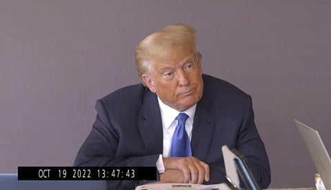 Former President Donald pauses during his Oct. 19, 2022, deposition for his trial against writer E. Jean Carroll. (Photo | AP)