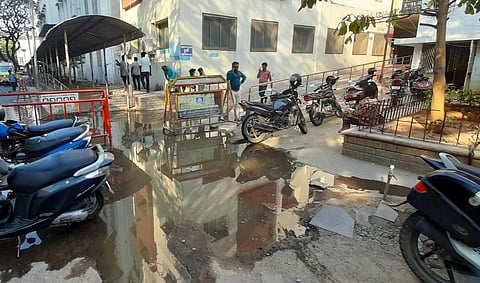 During the rainy season, the two entrances of the facility turn into an island with rainwater accumulating throughout the pathway and no one can use it.
