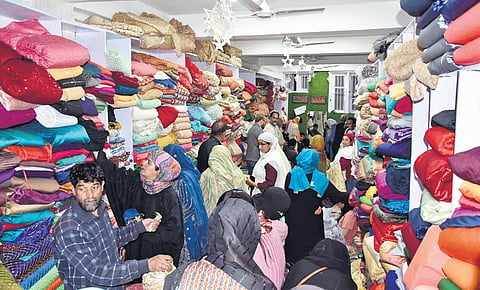 Shoppers’ bustle at the fabric outlet; (Inset) Anjum Jan. (Photo | zahoor punjabi)