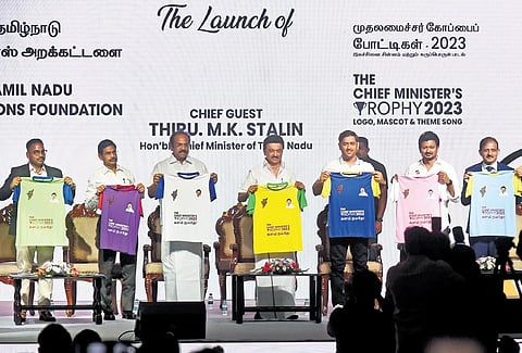 TN CM MK Stalin (centre), MS Dhoni and TN sports minister Udhayanidhi Stalin (2nd from right) during the launch of the TN Champions Foundation on Monday. (Photo | Express)