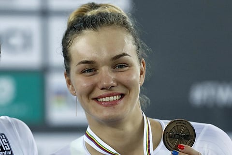 Russian track cyclist Anastasiia Voinova holds her third place medal in the women's 500m time trial at the World Track Cycling championships in Hong Kong. (Photo | AP)