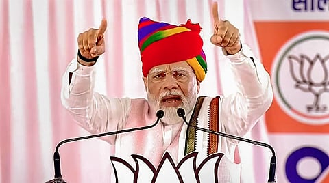 Prime Minister Narendra Modi speaks during a public meeting in Ajmer, Wednesday, May 31, 2023. (Photo | PTI)