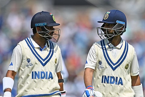 India's Ajinkya Rahane and Shardul Thakur during day three of the World Test Championship Final against Australia at The Oval in London, on Friday. (Photo | AP)