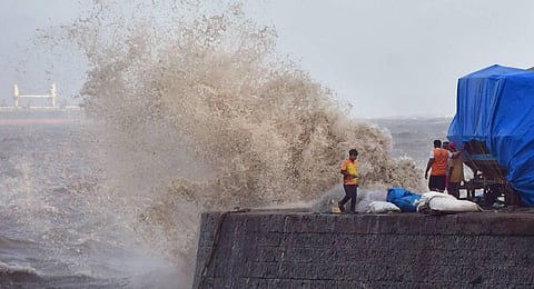 High tides crash at the sea front at Colaba, ahead of cyclone Biparjoy's landfall in Kutch, in Mumbai. 