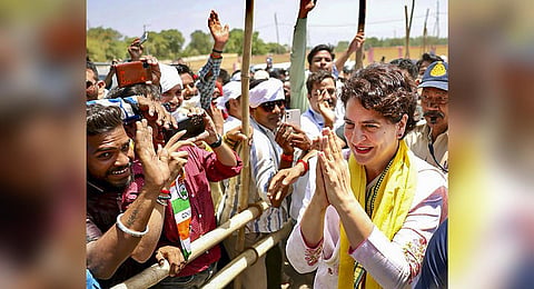 Congress General Secretary Priyanka Gandhi Vadra during a public meeting, in Jabalpur, Monday, June 12, 2023. (Photo | PTI)