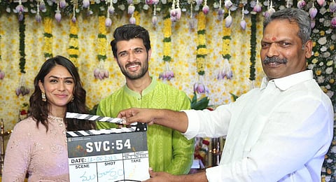 Vijay Deverakonda and Mrunal Thakur during the Pooja Ceremony of their upcoming movie. (Photo | Sri Venkateswara Creations Twitter)