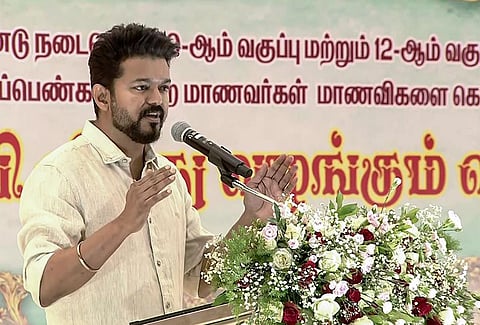 Actor Vijay addresses during an event at the RK Convention Center in Chennai on Saturday. (ANI Photo)