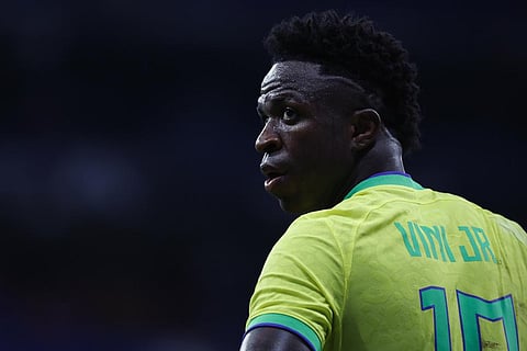 Brazil's Vinicius Junior reacts during an international friendly soccer match between Brazil and Guinea at the RCDE Stadium in Barcelona, Spain. (Photo | AP)
