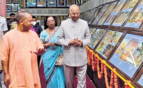 Former President Ram Nath Kovind with Uttar Pradesh CM Yogi Adityanath at the centenary celebrations of Gita Press in Gorakhpur in June last year. (Photo | Twitter)