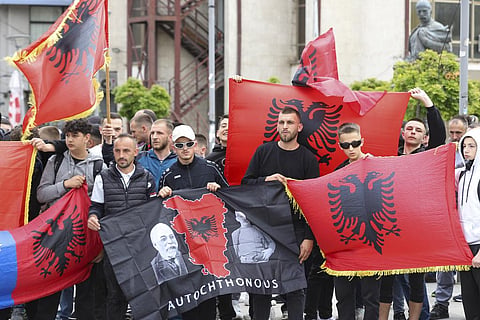 Ethnic Albanians take part in a protest in the southern, ethnic Albanian-dominated part of Mitrovica, Kosovo. (Photo | AP)