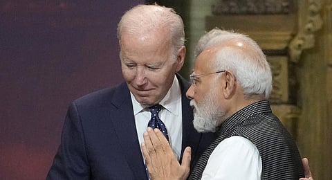 FILE - US President Joe Biden (L) and India's Prime Minister Narendra Modi talk during the G20 leaders summit in Nusa Dua, Bali, Indonesia, Nov. 15, 2022. (Photo | AP)
