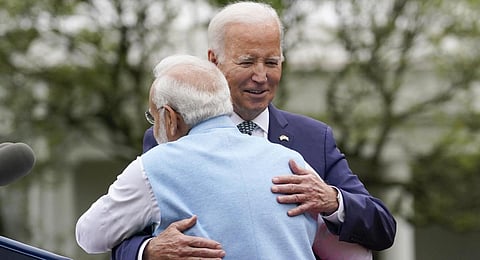 Prime Minister Narendra Modi embraces President Joe Biden during a State Arrival Ceremony on the South Lawn of the White House.(Photo | AP)
