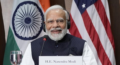 India's Prime Minister Narendra Modi speaks during a visit with first lady Jill Biden to the National Science Foundation in Alexandria, Va., Wednesday, June 21, 2023. (Photo | AP)