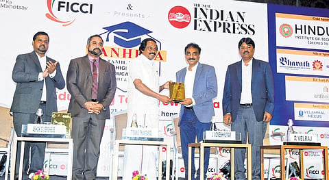 Minister Mano Thangaraj gives away awards at the at the Tamil Nadu Higher Education Summit and Awards  in Chennai on Wednesday | P Ravikumar