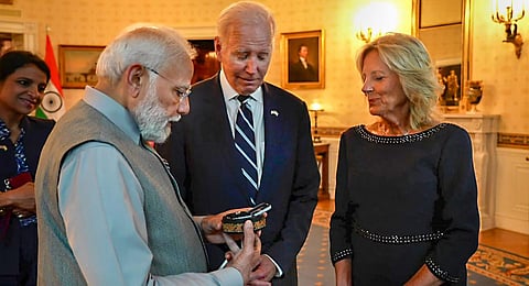 PM Narendra Modi gifts a 7.5-carat lab-grown diamond placed in a papier mache box from Kashmir, known as 'kar-e-kalamdani' to US First Lady Jill Biden.