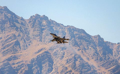 Representational Image: An IAF Sukhoi Su-30 jet flies over Ladakh region amid the prolonged India-China face-off, in Leh district. (File Photo | PTI)