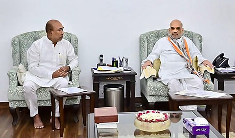 Union Home Minister Amit Shah during a meeting with Manipur Chief Minister N Biren Singh about the situation on the ground in Manipur, in New Delhi, Sunday, June 25, 2023. (Photo | PTI)