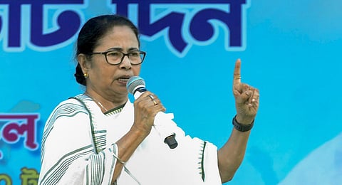 West Bengal Chief Minister and TMC supremo Mamata Banerjee speaks during an election campaign for the state Panchayat elections in Cooch Behar district, Monday, June 26, 2023. (Photo | PTI)