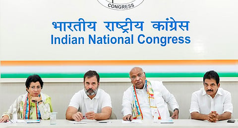 Congress President Mallikarjun Kharge with AICC Chhattisgarh Incharge Kumari Selja and party leaders Rahul Gandhi and KC Venugopal during a meeting in New Delhi, June 28, 2023. (Photo | PTI)