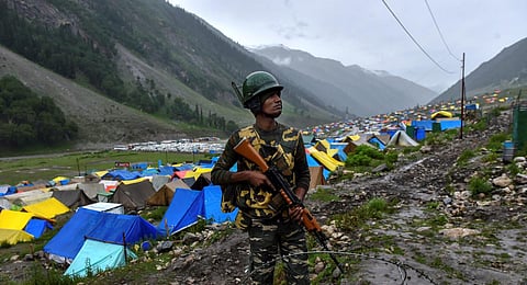 FILE - CRPF personnel stands guard near Amarnath base camp at Baltal, in Ganderbal district of central Kashmir, June 28, 2018. (Photo | PTI)