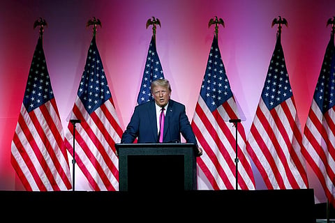 FILE - Former President Donald Trump speaks during the Oakland County Republican Party's Lincoln Day Dinner, June 25, 2023, in Novi, Michigan. (Photo | AP)