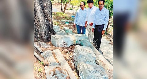 16th century temple pillars lying in the ruins in Kadapa |  Express