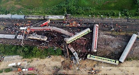 An aerial view of the accident involving Coromandel Express, Bengaluru-Howrah Express and a goods train, in Odisha. (Photo | Debadatta Mallick, EPS)