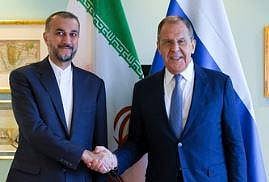Iran's Foreign Minister Hossein Amirabollahian, left, and Russia's Foreign Minister Sergey Lavrov during BRICS summit. (Photo | AP)