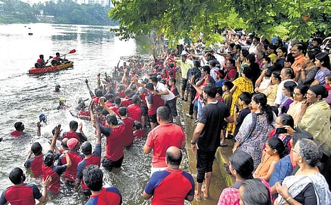Saji Vallassery’s annual free swimming class being held in the  Periyar at Aluva on Sunday | A Sanesh