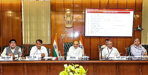Union Minister Amit Shah during a presentation for drafting the Cooperation Policy by the Chairman of the National Level Committee Suresh Prabhu, in New Delhi, Monday, June 5, 2023. (Photo | PTI)
