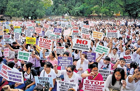 Manipuri civil society and students’ organisations at Jantar Mantar on Sunday. (Photo | Express)