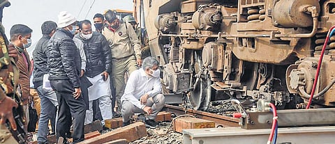 Railway Minister Ashwini Vaishnaw at the derailment site. (Photo | PTI)