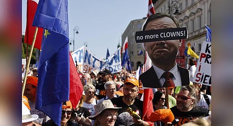 People attend an anti-government demonstration in front of the Presidential Palace organized by the opposition in Warsaw on June 4, 2023. (Photo | AFP)