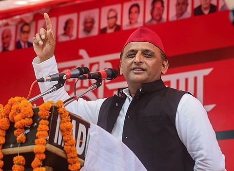 Samajwadi Party President Akhilesh Yadav addresses during the 'Samajik Janjagran Yatra' in Lakhimpur Kheri, Tuesday, June 6, 2023. (Photo | PTI)