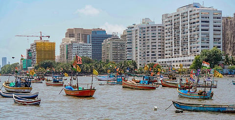 Fishing boats anchored at Badhwar Park jetty due to the formation of a depression over the southeast Arabian Sea, in Mumbai, Tuesday, June 6, 2023. (Photo | PTI)