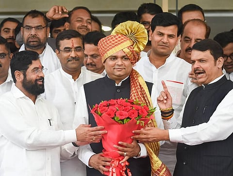 Maharashtra Assembly Speaker Rahul Narvekar with Maharashtra CM Eknath Shinde and Deputy CM Devendra Fadnavis. (Photo | PTI)