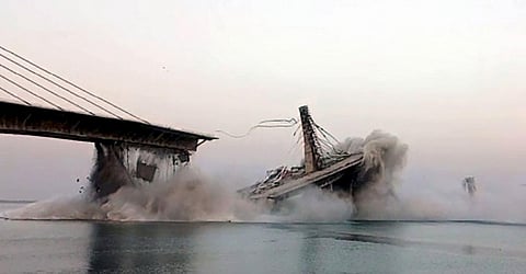 An under-construction Aguwani-Sultanganj Ganga bridge collapsed, in Bihar's Bhagalpur district, Sunday, June 4, 2023. (Photo | PTI)