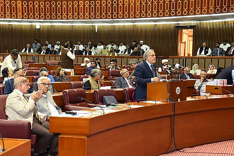 Pakistan National Assembly, shows Pakistan's Finance Minister Ishaq Dar presenting the budget 2023-2024 in the national assembly in Islamabad, June 9, 2023. (Photo | AFP)