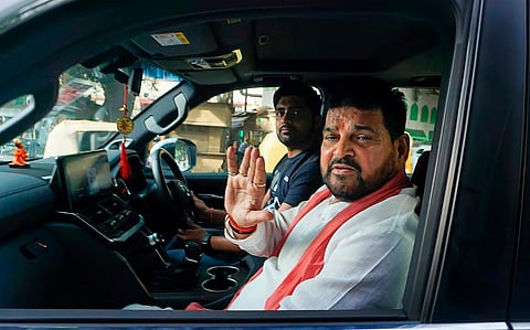 BJP MP and WFI chief Brij Bhushan Sharan Singh arrives in New Delhi amid the controversy of sexual harassment allegations levelled by the medal-winning wrestlers. (Photo | PTI)