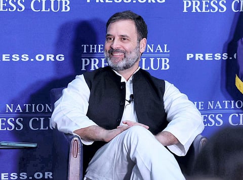 Congress leader Rahul Gandhi during an interactive session at the National Press Club in USA. (Photo | PTI)