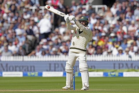 Australia's Nathan Lyon plays a shot during the fourth day of the second Ashes Test match between England and Australia, at Lord's cricket ground in London, Saturday, July 1, 2023. (Photo | AP)
