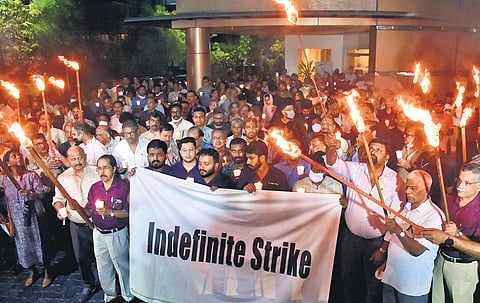 In this May 2023 image, doctors in Kochi join the candlelit vigil to protest the brutal killing of Dr Vandana Das at Kottarakkara taluk hospital, Kollam. (Photo  | A Sanesh)