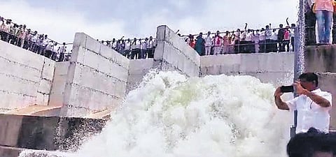 Water from the Godavari river being diverted to the Gouravelli reservoir as part of trial run in Siddipet district