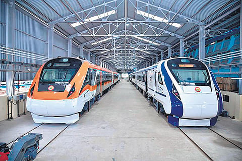 Vande Bharat Express trains at the Integral Coach Facility in Chennai.