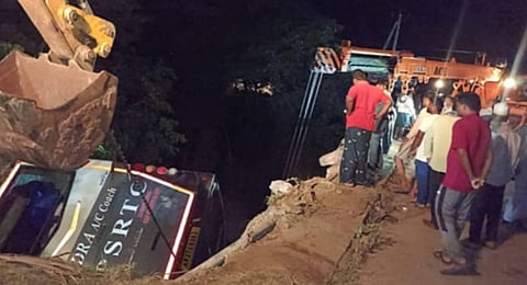 Seven persons, including a seven-year-old, were killed after the vehicle in which they were traveling fell into a canal from a bridge near Darsi in Prakasam district. (Photo | Express)
