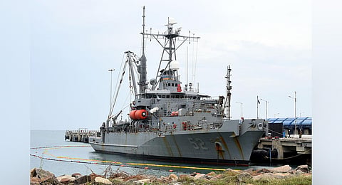 USNS Salvor, arrived at Kattupalli shipyard, becoming the first vessel to come for repairs after signing the MSRA accord, on Monday. (Photo | P Ravikumar, EPS)