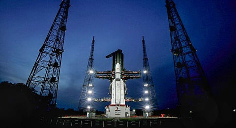 The Launch Vehicle Mark-III (LVM3) M4 vehicle with Chandrayaan-3 at the launch pad at Satish Dhawan Space Centre in Sriharikota. (Photo | PTI)
