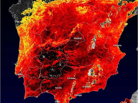 Land surface temperature has surpassed 60C in Spain.