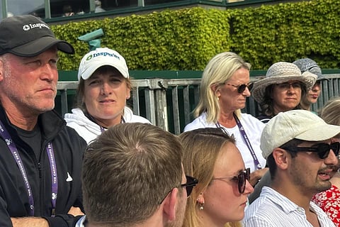 Lynn Nabors McNally, second left, the mother and coach of Caty McNally, watches as her daughter and  Ashlyn Krueger of the US play at Wimbledon, July 8, 2023. (Photo | AP)