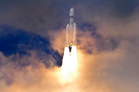 Indian spacecraft Chandrayaan-3, the word for 'moon craft' in Sanskrit, travels after it was launched from the Satish Dhawan Space Centre in Sriharikota, Friday, July 14, 2023. (Photo | AP)